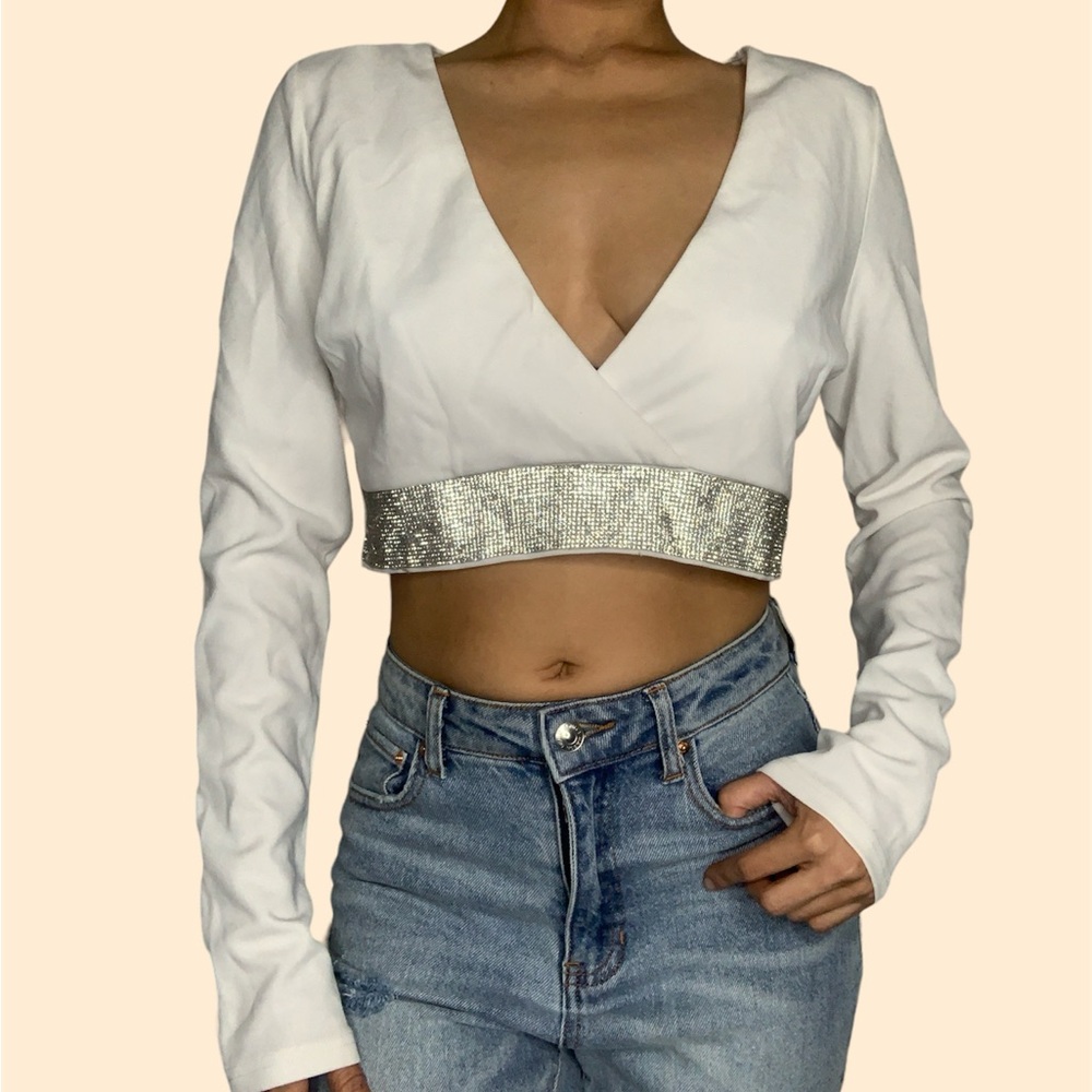 White deep plunging V-neck Top with rhinestones Never Worn NWT Party Shabby Chic